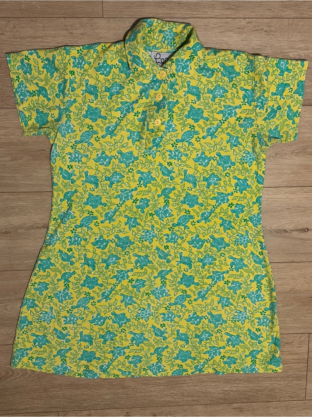 Lilly Pulitzer Turtle Print Yellow and Teal Polo Shirt Dress With Button Front